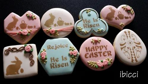 ibicci Easter cookies using the Rejoice, He is Risen, Happy Easter stencil